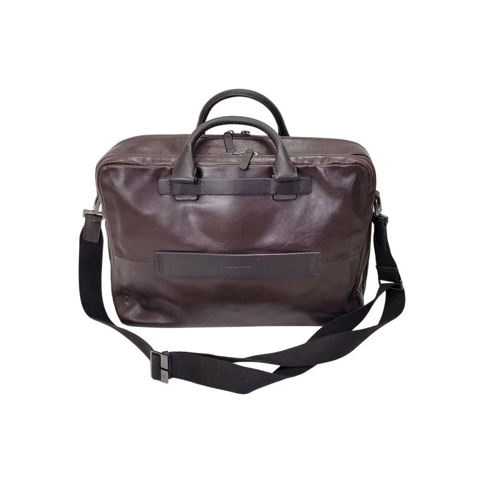 Piquadro Dark Brown Leather Business Bag With Adjustable Strap Multiple Pockets - Picture 2 of 8